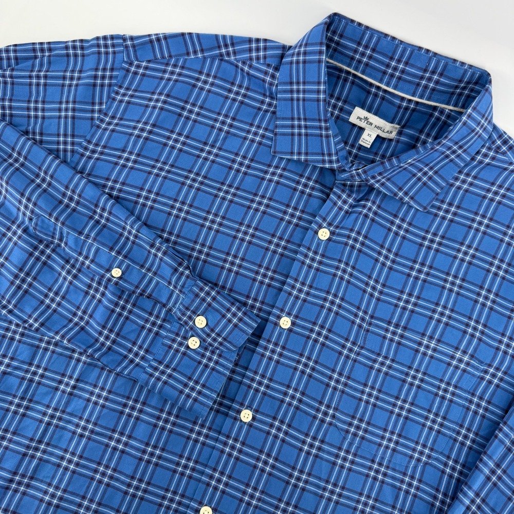 Peter Millar Button Down Shirt Mens XL Blue Plaid Long Sleeve Cotton Pocket